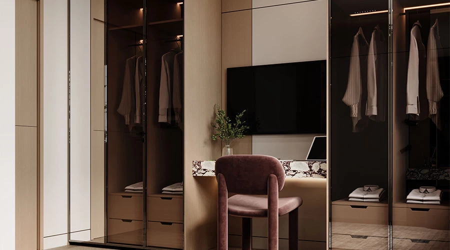 Girls bedroom design with integrated wardrobe study desk and storage