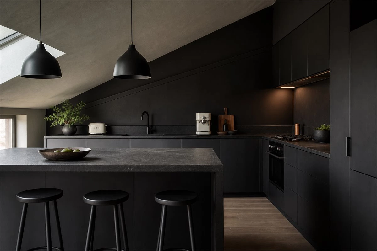 Graphite black kitchen cabinets used to soften the look of a sloped ceiling