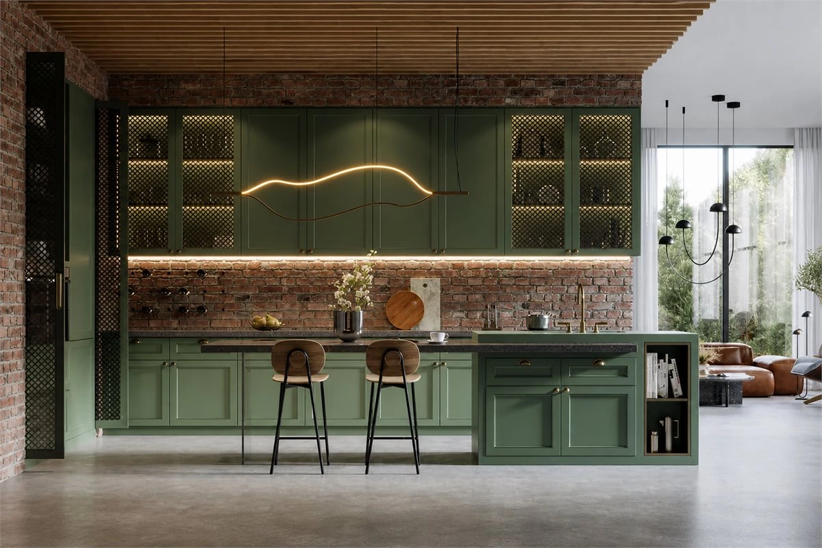 Green Integrated Kitchen with Terrazzo Dining Extension Green integrated kitchen cabinets with a terrazzo dining table extension