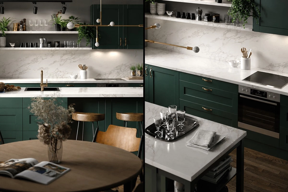 Green Shaker kitchen cabinetry with open shelves and gold hardware