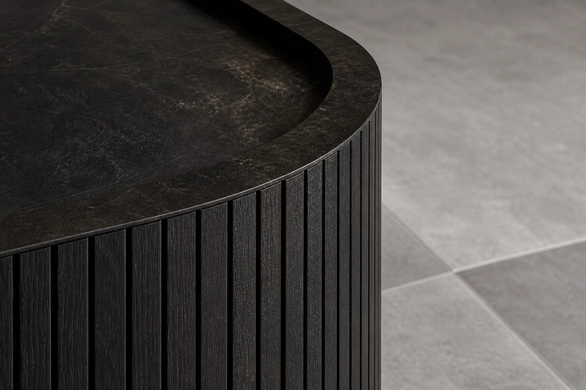 Grooved wood cabinet panel detail showing layered depth