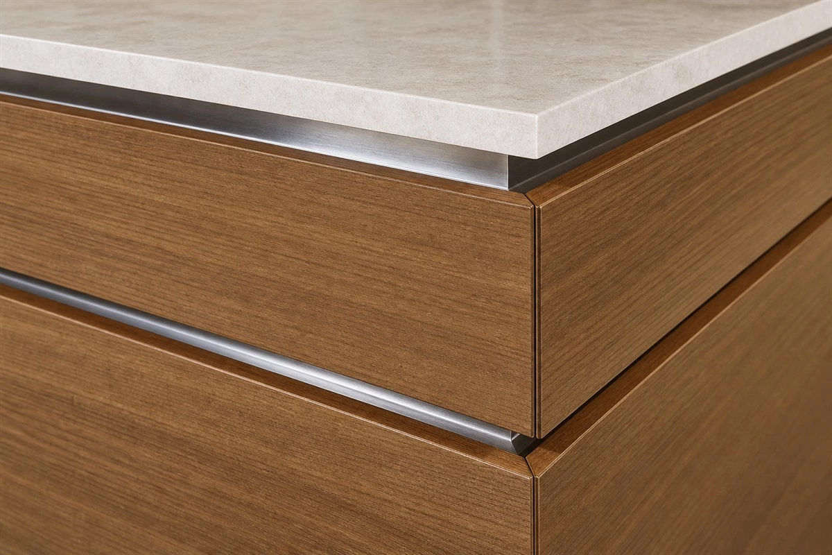 Haitang corner cabinet trim detail with a refined bevel