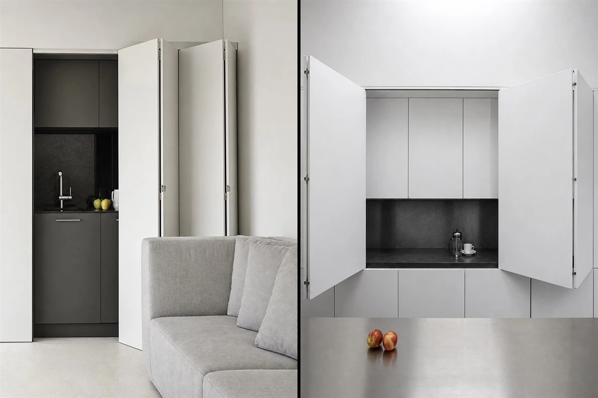 Hidden kitchen wall cabinet integration with seamless panels