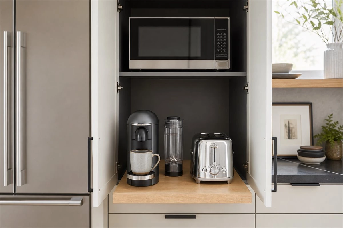 Integrated kitchen appliance cabinet design with built-in oven and storage