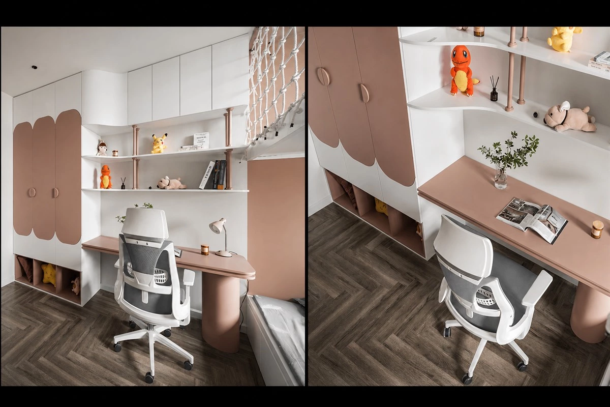 Kids bedroom set with integrated wardrobe desk and display shelving