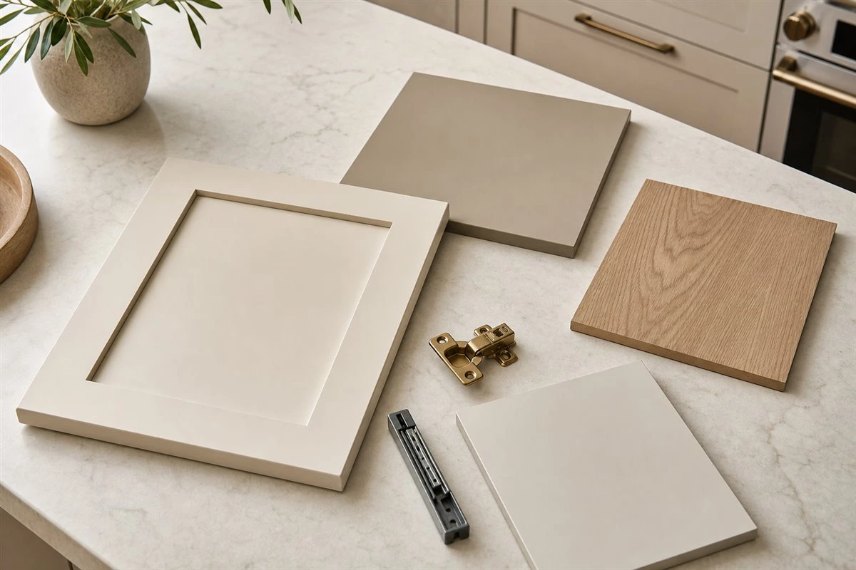 Kitchen cabinet door style and material samples on a stone countertop