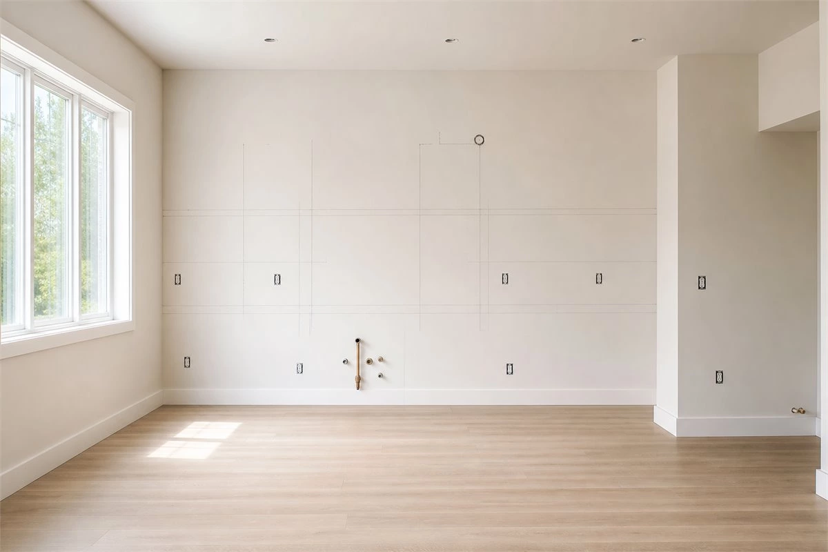 Prepared kitchen room with clean floor marked walls and space ready for cabinet installation
