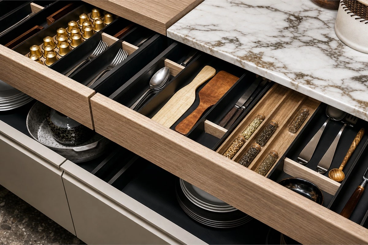 Kitchen drawer inserts for cutlery, spices and cooking utensils