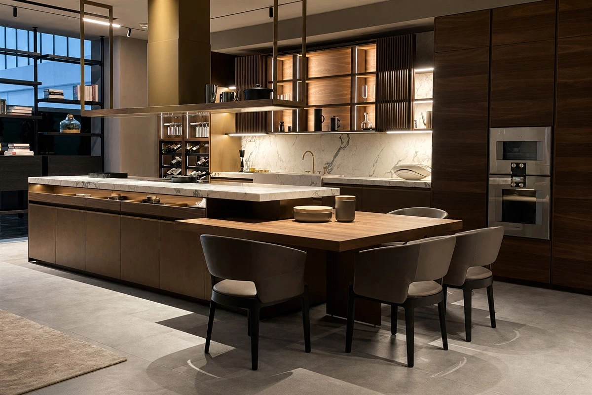 Kitchen island with pull-out storage and built-in appliances