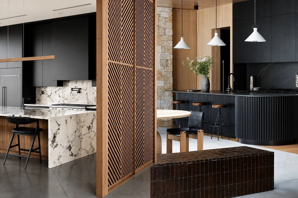 Kitchen island countertop materials in a modern custom kitchen