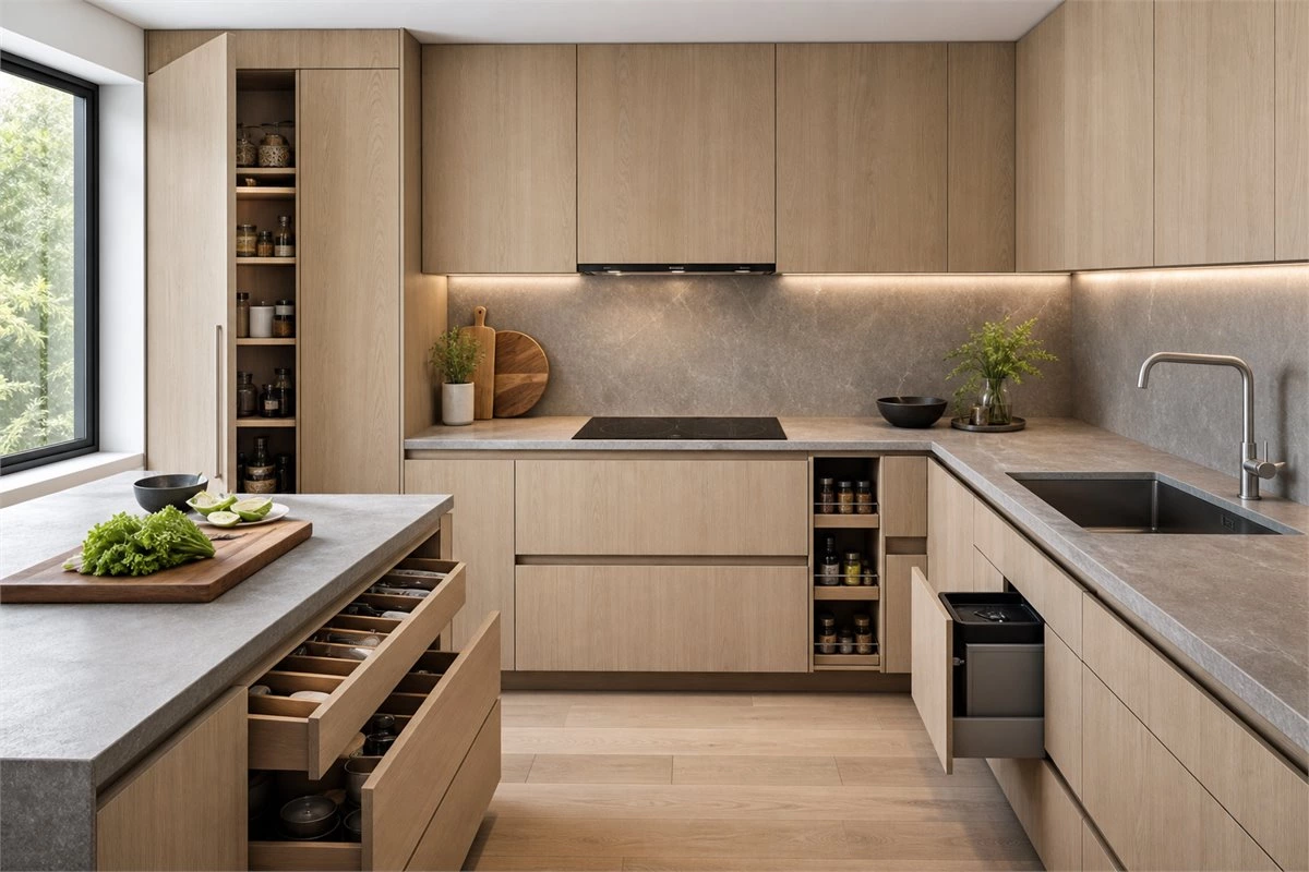 Kitchen storage zones for preparation cooking cleaning and pantry hardware planning