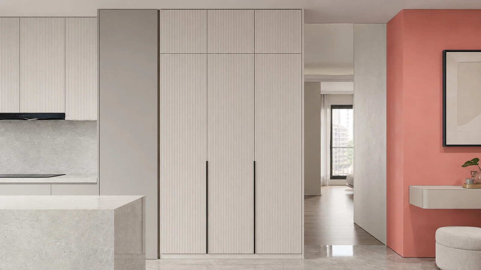 Muted white apartment living area with vertical cabinet texture and coral backdrop