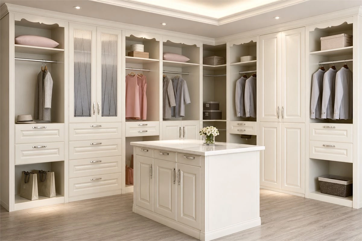 L-shaped walk-in closet layout with efficient corner wardrobe storage