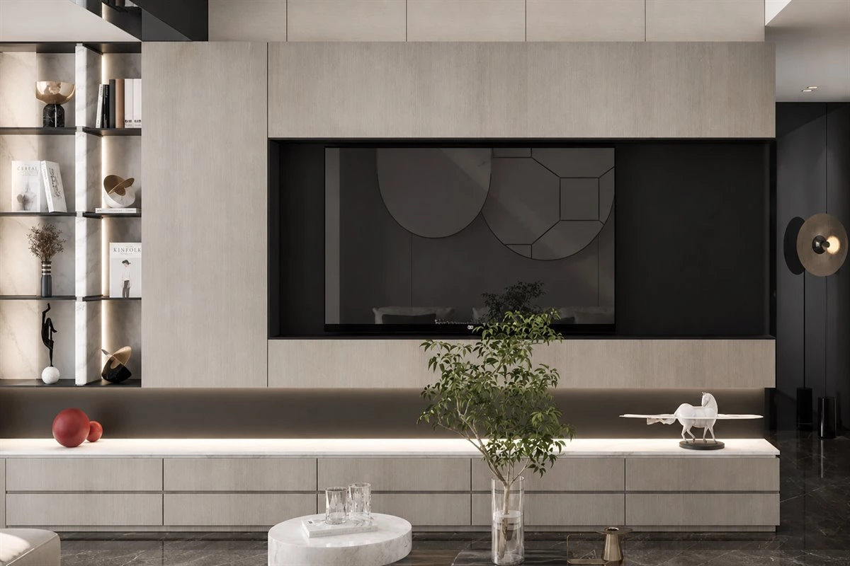 Living room wall cabinet design integrated with TV wall storage