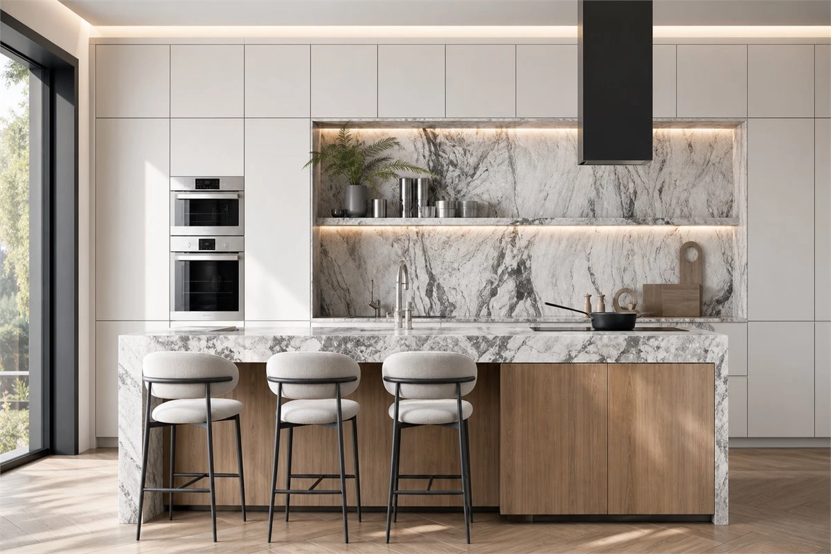 Statement marble kitchen island and backsplash design trend