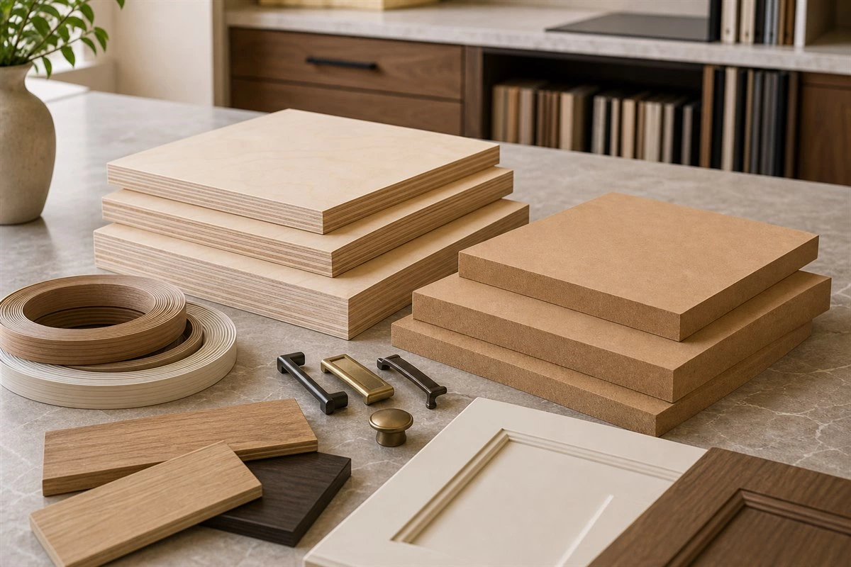 plywood and MDF cabinet material samples for kitchen cabinet construction