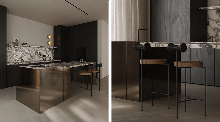 Marble island in a metallic lacquer kitchen with dining seating