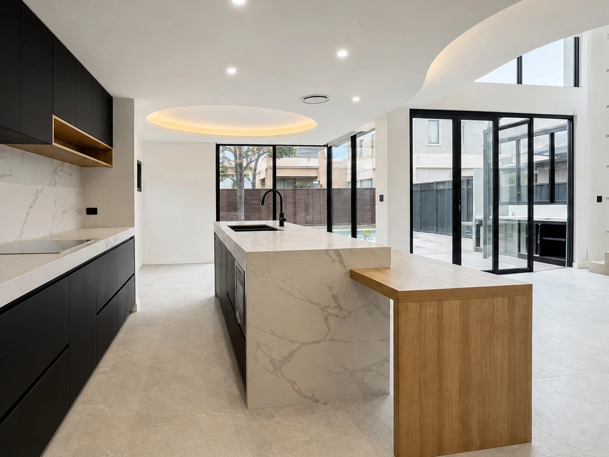 Black kitchen cabinets with sintered stone island in the Sydney villa