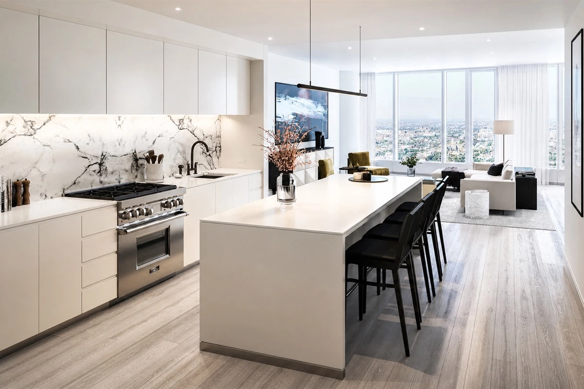 Minimalist kitchen nook with built-in cabinetry and layered lighting