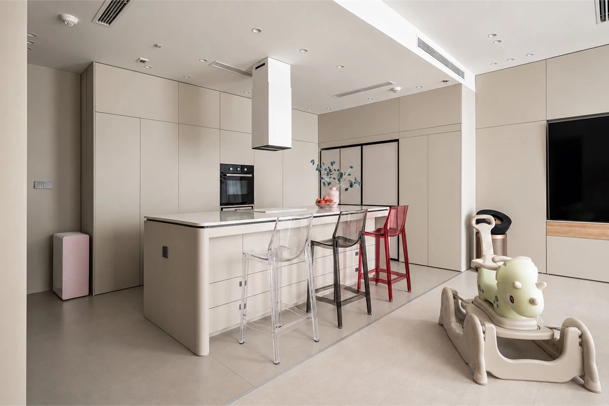 Minimalist kitchen design with simple shapes clean lines and neutral cabinet colors