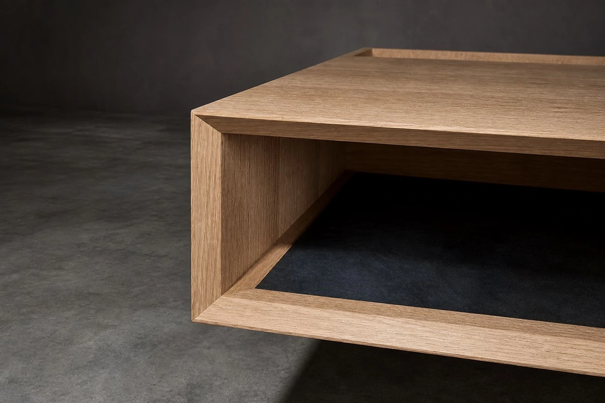 Mitered cabinet door panel detail with a precise bevel joint