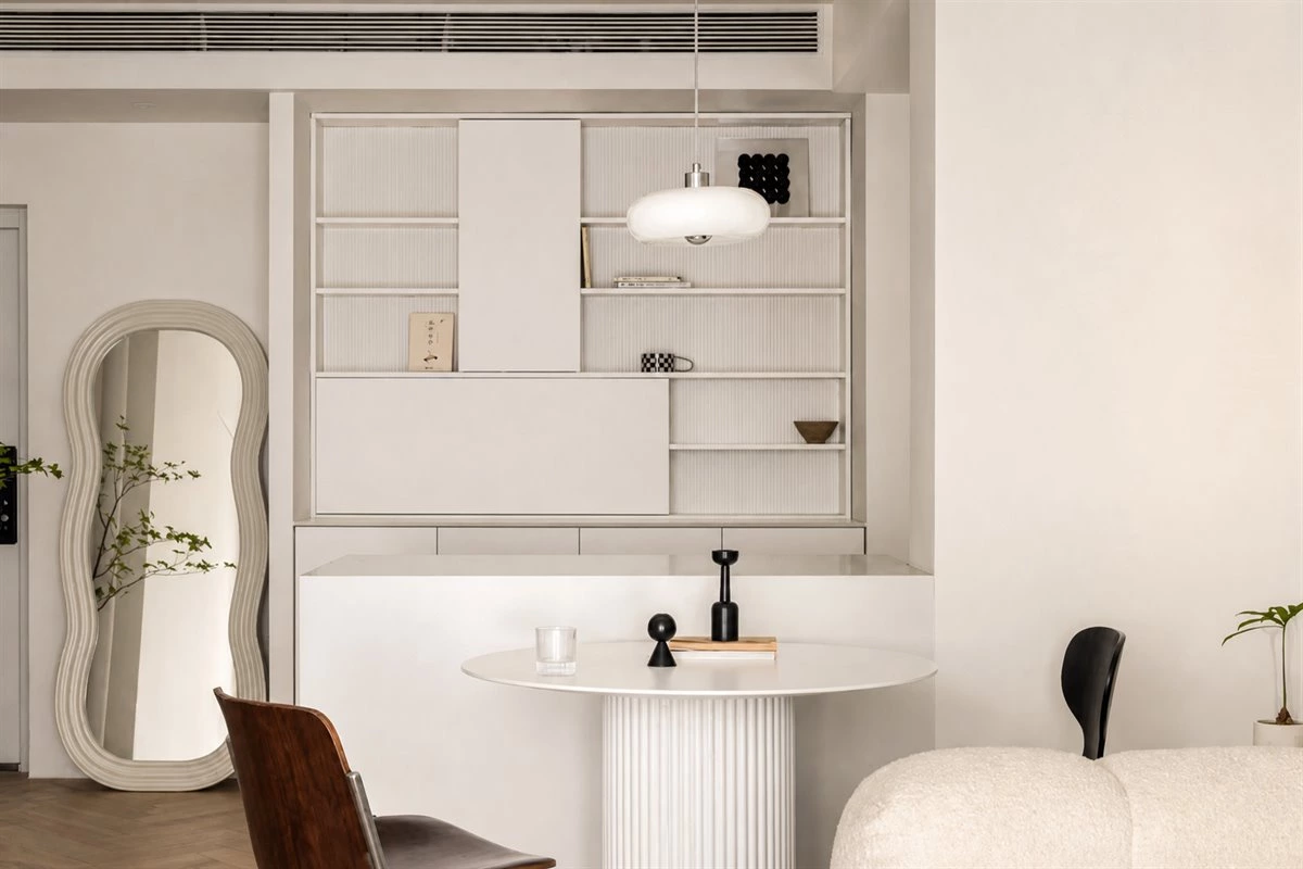 Modern dining sideboard with open shelves and decorative display space