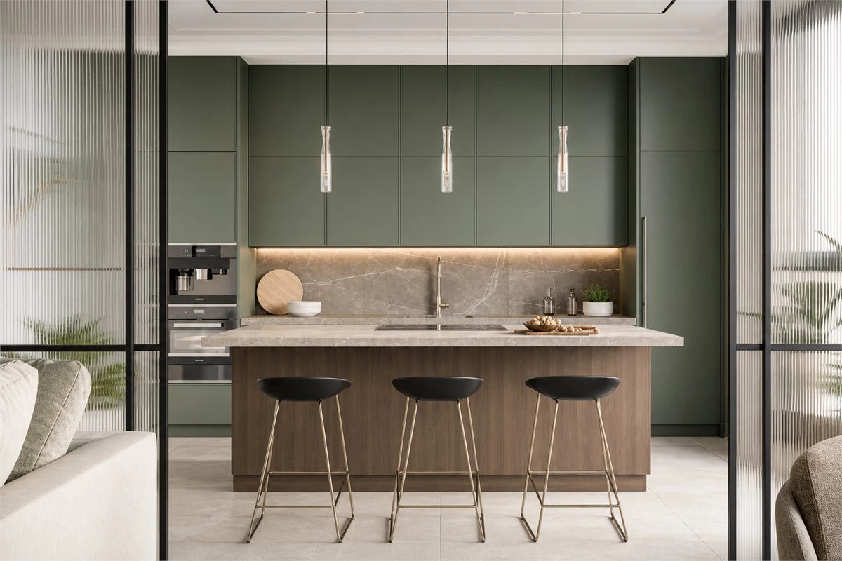 Monochrome handleless kitchen cabinets with matching wall and base units