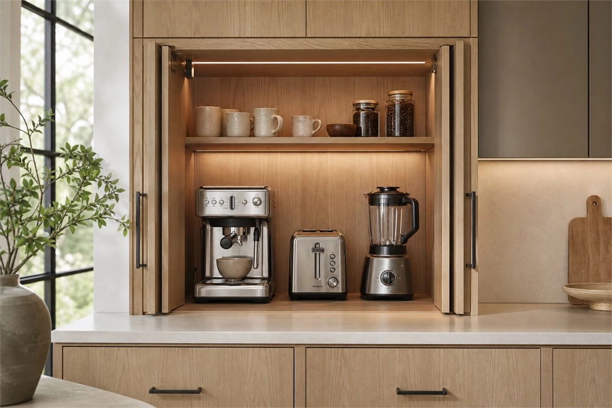 Open kitchen appliance garage with coffee machine and toaster storage