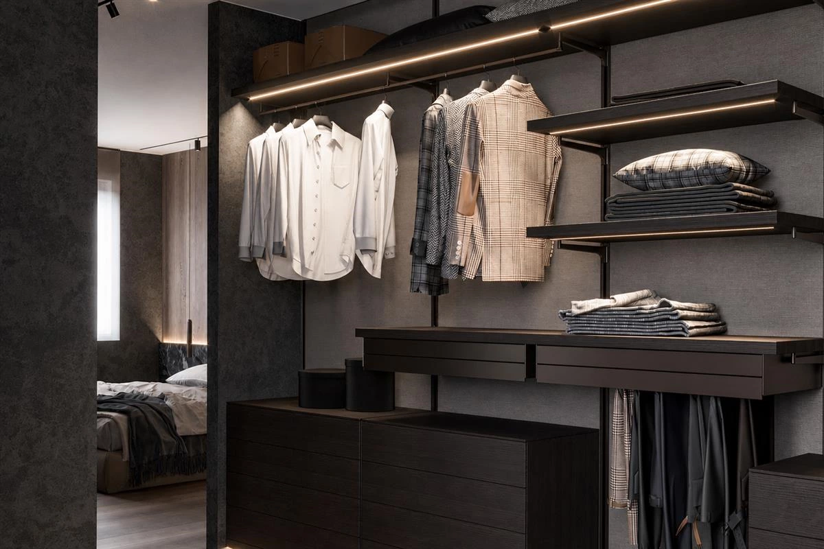 Open walk in closet shelving and hanging storage