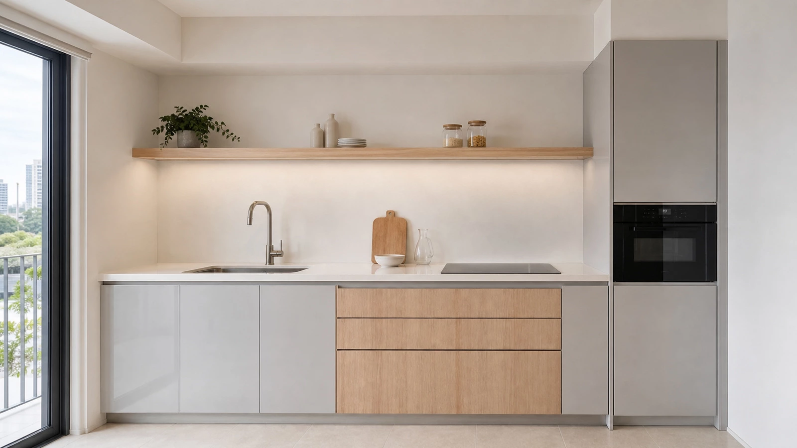 Pearl grey kitchen cabinets in the Kuala Lumpur apartment overview