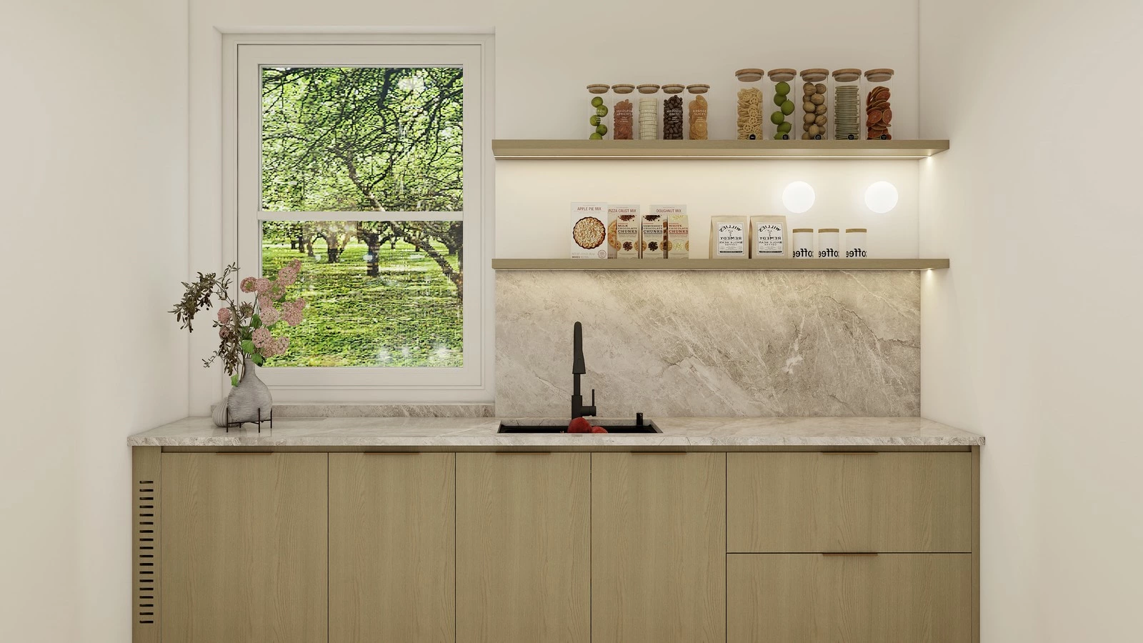 Custom bar cabinet with wood cabinetry and natural stone countertop