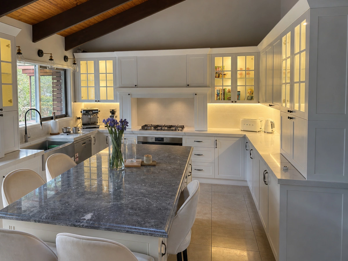Classic Shaker kitchen cabinets around the Australia villa island