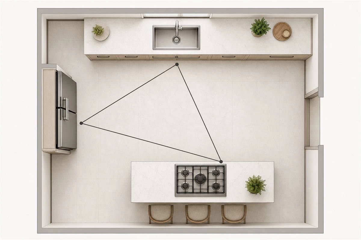 Top view diagram of a kitchen work triangle with refrigerator sink and stove