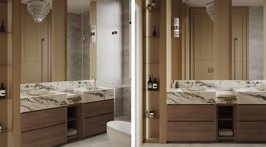 Sintered stone bathroom vanity with walnut cabinets and open shelving