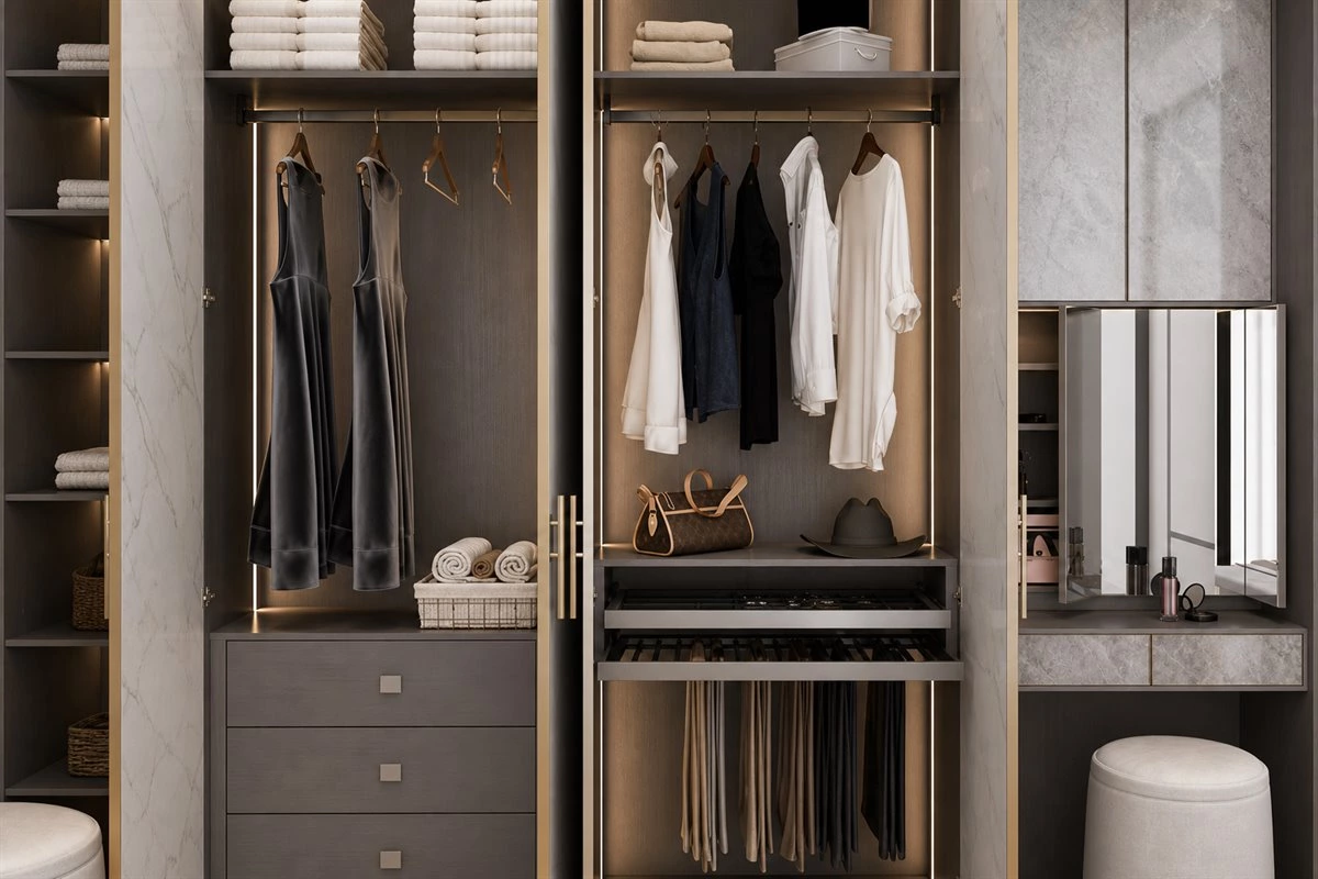 Walk-in closet storage design for men and women with drawers and hanging zones