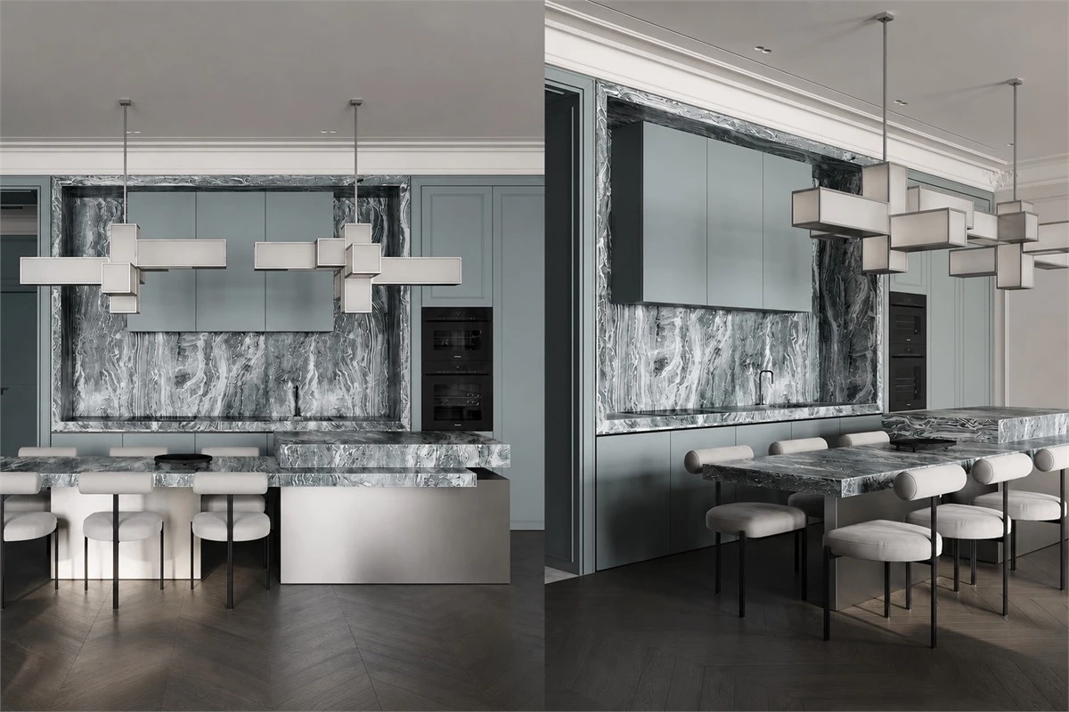 Modern eat-in kitchen with Shaker cabinets and split-level island dining extension