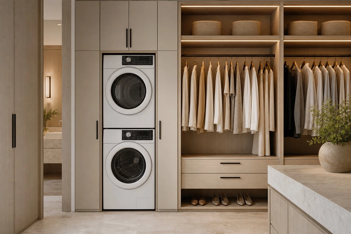 Stacked washer and dryer inside a custom walk-in closet laundry area