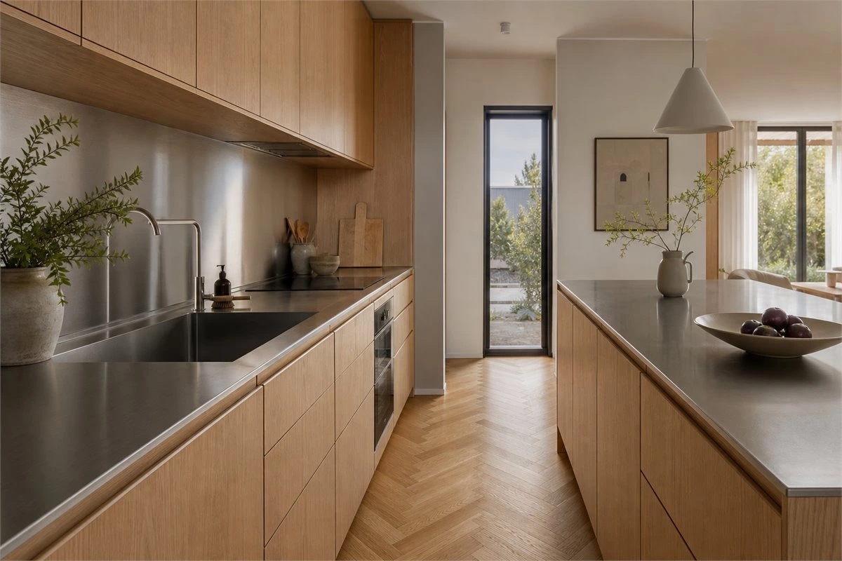 Brushed stainless steel countertop paired with light oak minimalist kitchen cabinets