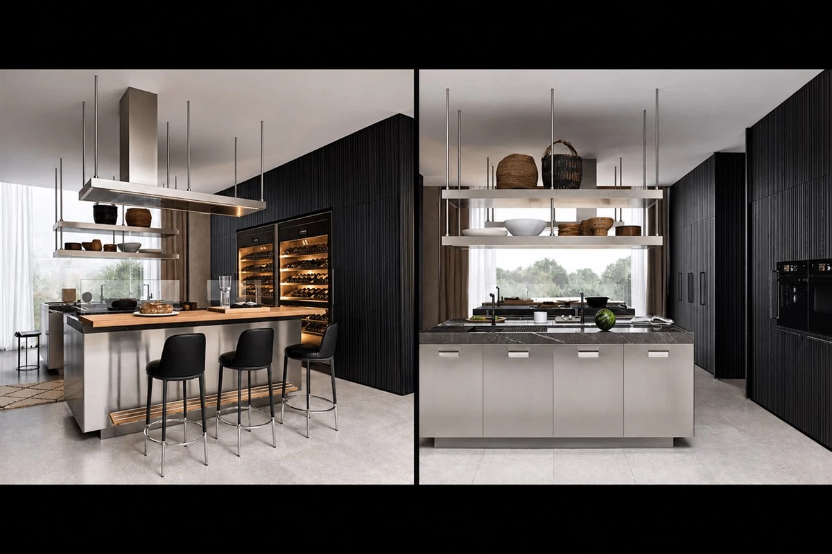Stainless steel kitchen island with deep drawers and recessed handles