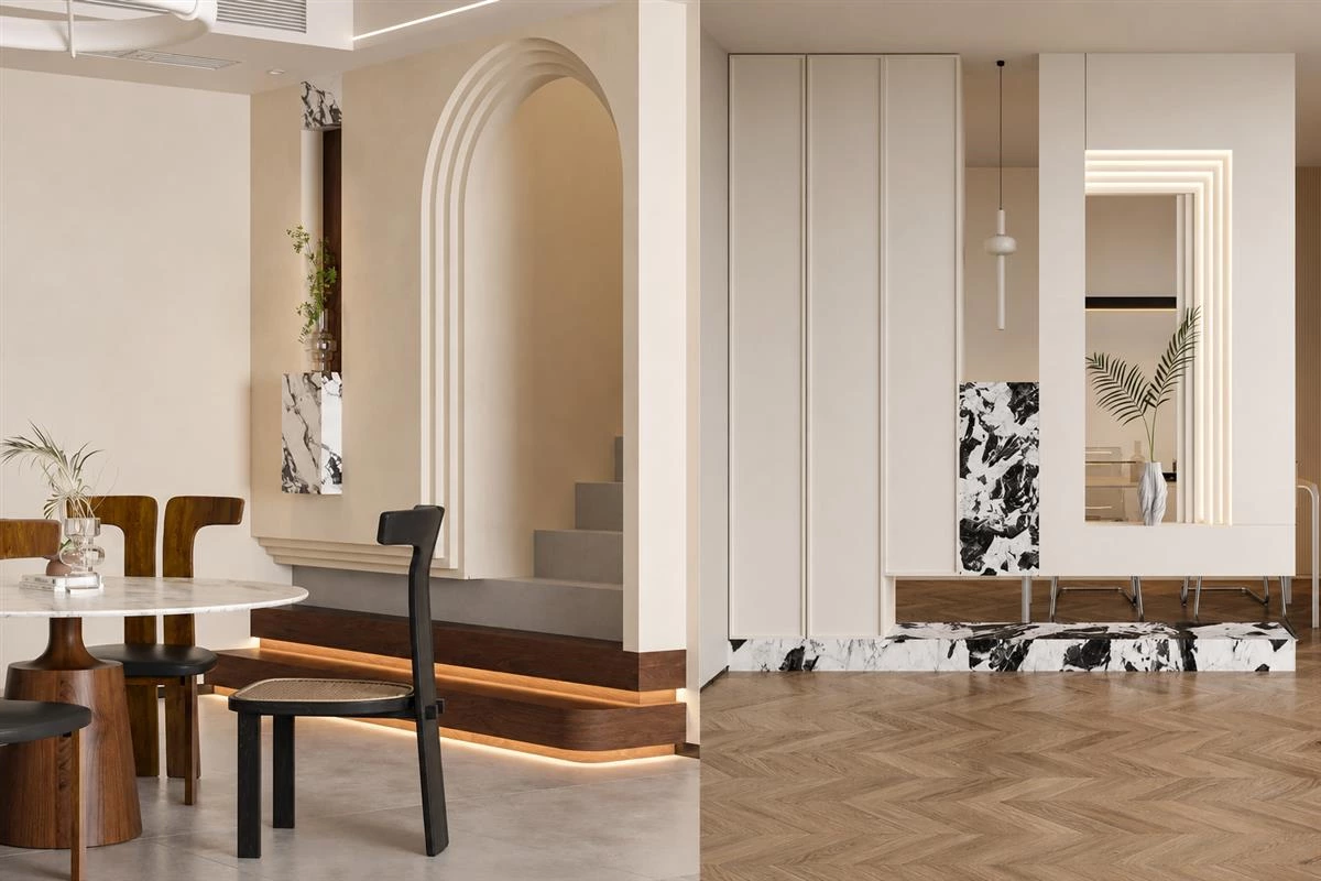 Stepped layer custom cabinetry with wood and glass materials