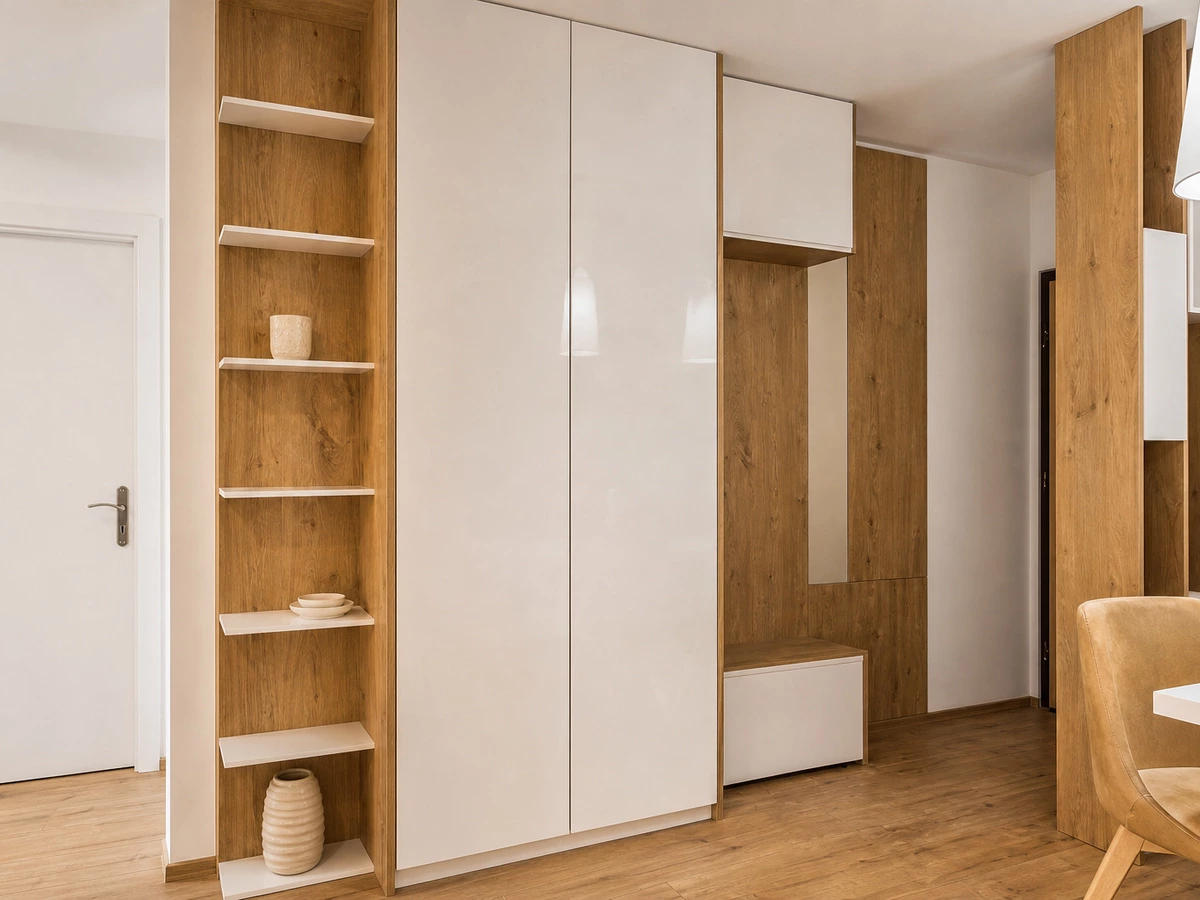 Tall kitchen storage cabinet and narrow side display cabinet in the Sofia project
