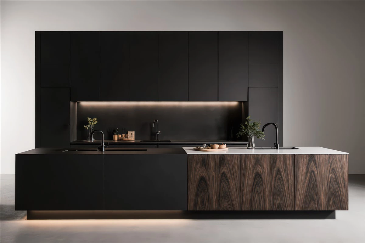 Two-tone kitchen island with dark cabinetry and warm timber panels