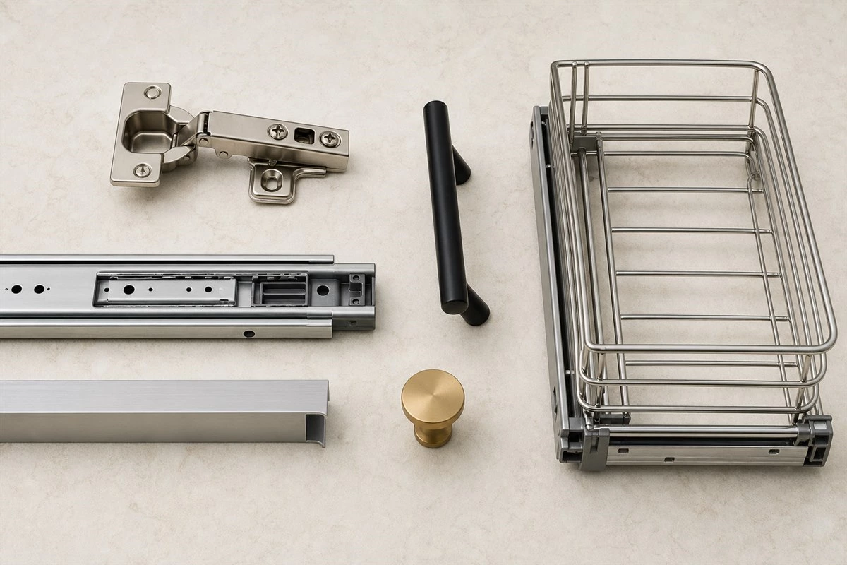 Main types of kitchen cabinet hardware including hinges slides pulls and storage accessories Main types of kitchen cabinet hardware including hinges slides pulls and storage accessories