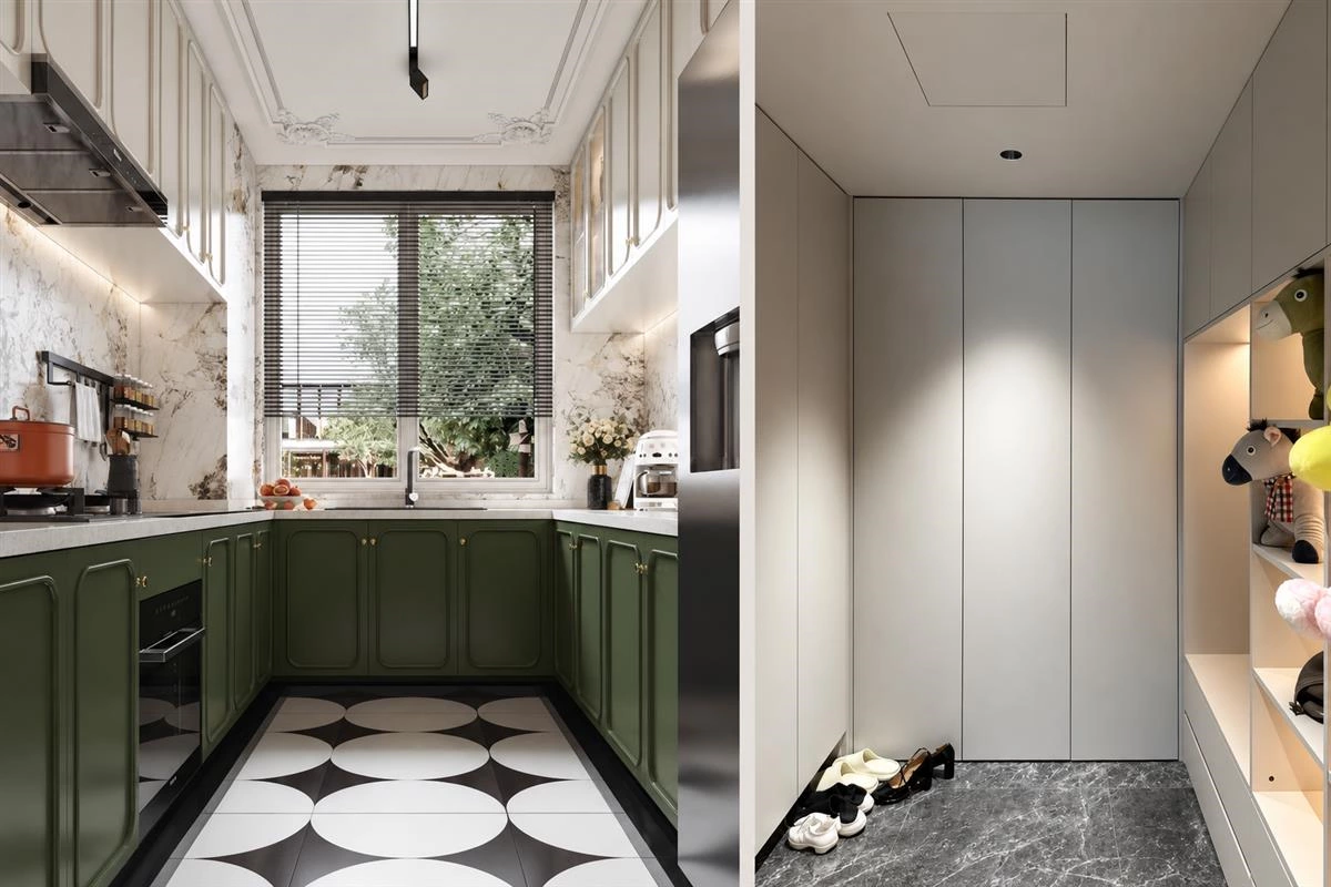 U-shaped entryway storage layout with shelving and cabinet organization