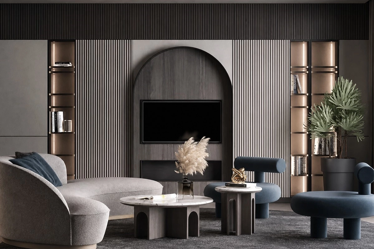 Close-up of fluted panel grooves in a modern interior