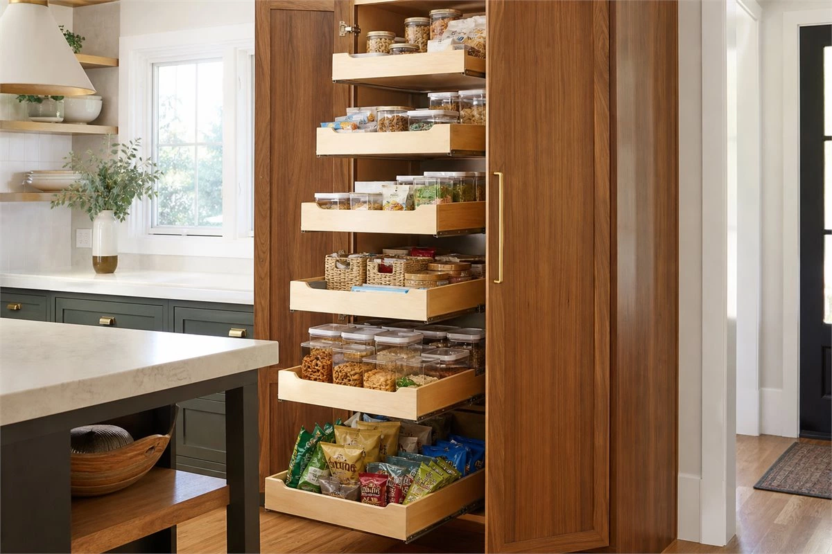 Wall-mounted kitchen pantry storage with pull-out shelves for snacks and dry goods
