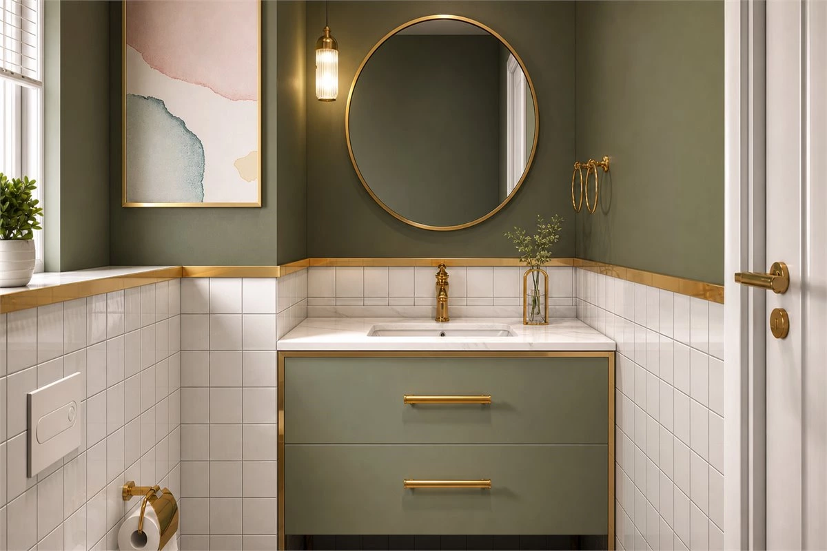 Wall-mounted mirror cabinet and basin vanity cabinet in a bathroom