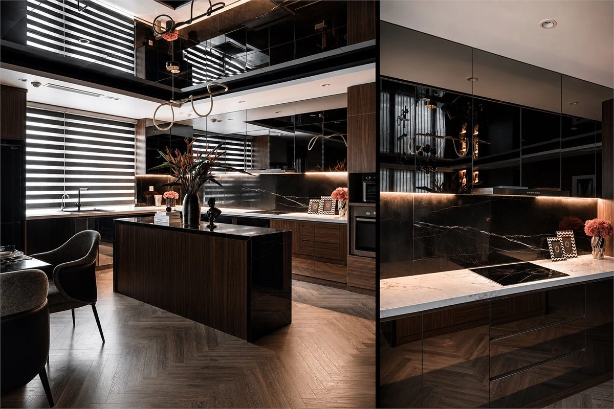 Walnut black and wood kitchen cabinets with mirrored glass panels and a sintered stone island