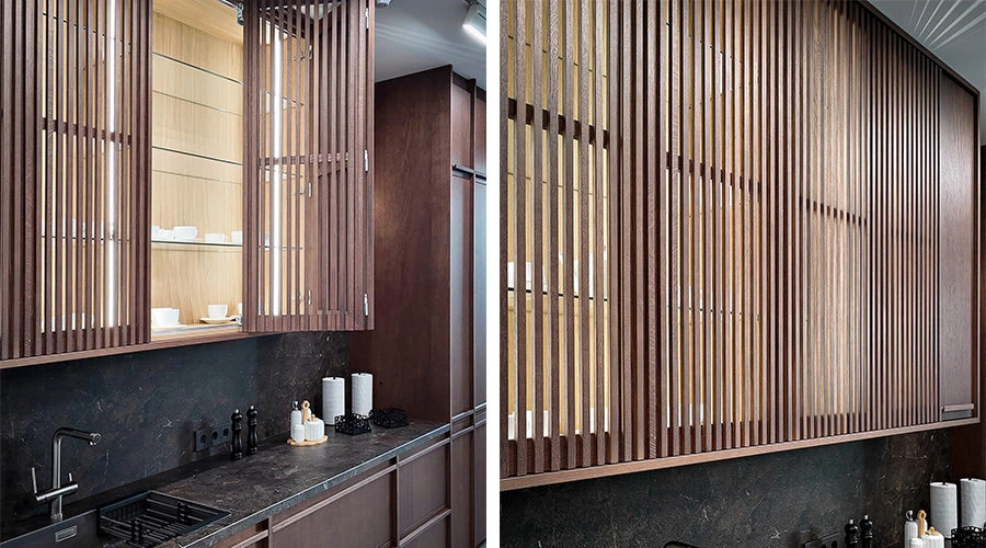 Walnut white kitchen island with stone worktop and dining extension