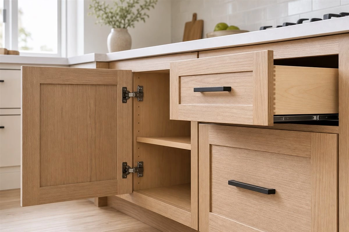 Kitchen cabinet door and drawer components representing product warranty coverage